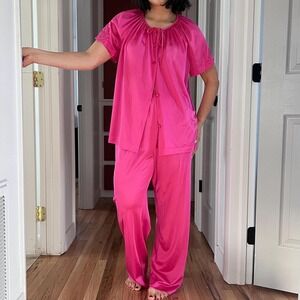 Vintage 80s hot pink pant and top pajama set lace‎ details slinky Large